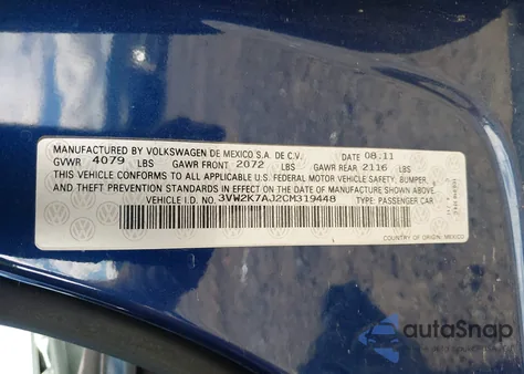 2012 Volkswagen Jetta 2.0L S из США, поврежденный, VIN 3VW2K7AJ2CM319448